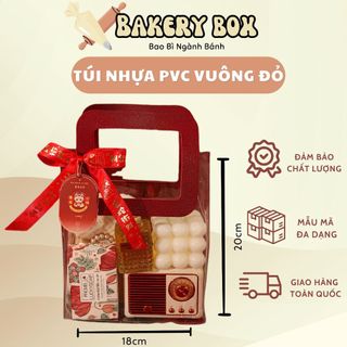 10 Túi Nhựa Trong PVC Quai Vuông Đỏ Đựng Quà, Túi Quai Đỏ Đựng Bánh Kẹo Lễ Tết