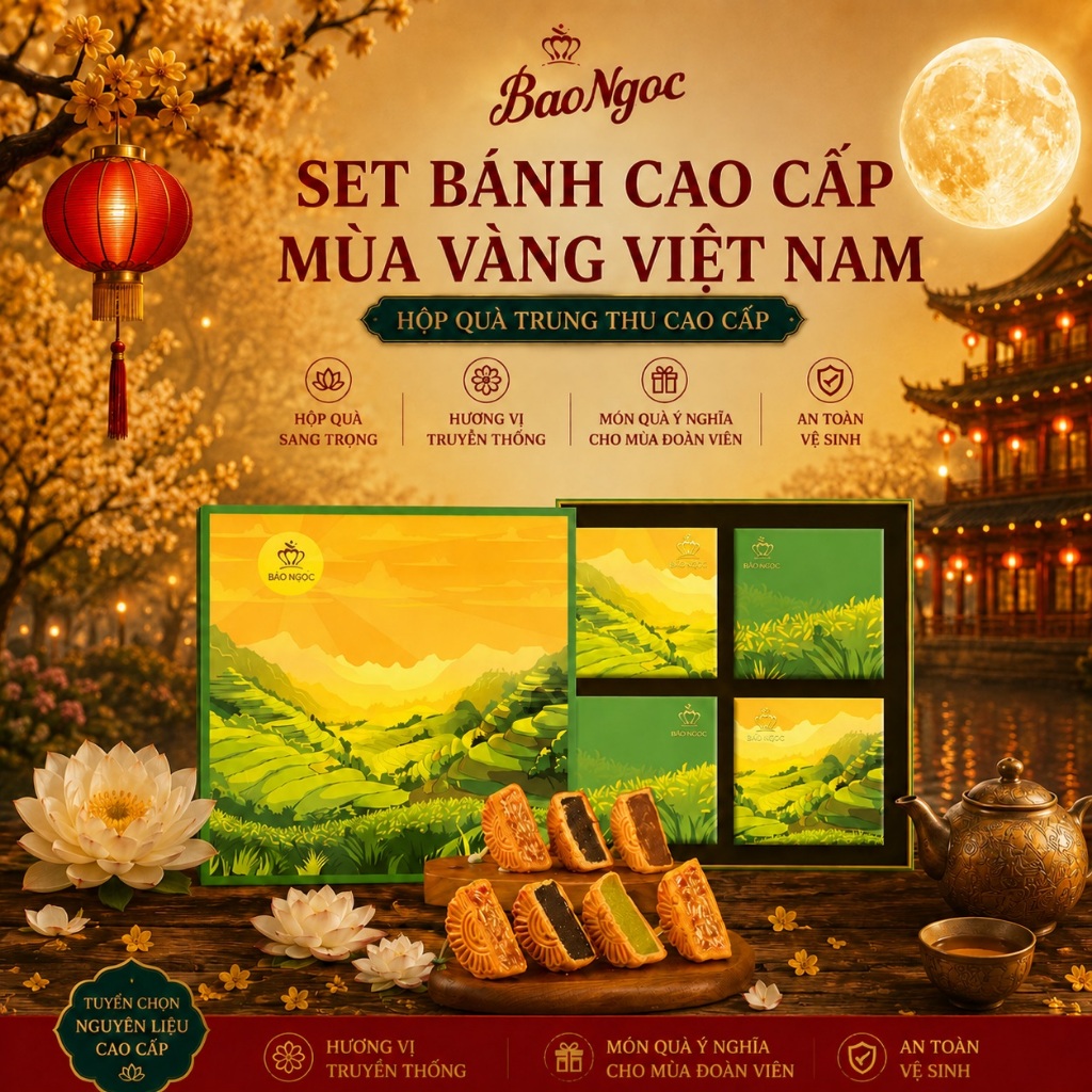 [80g/bánh] Hộp 4 Bánh Trung Thu Bảo Ngọc Cao Cấp "Mùa Vàng Việt Nam" (80g/Bánh) - Tặng kèm túi