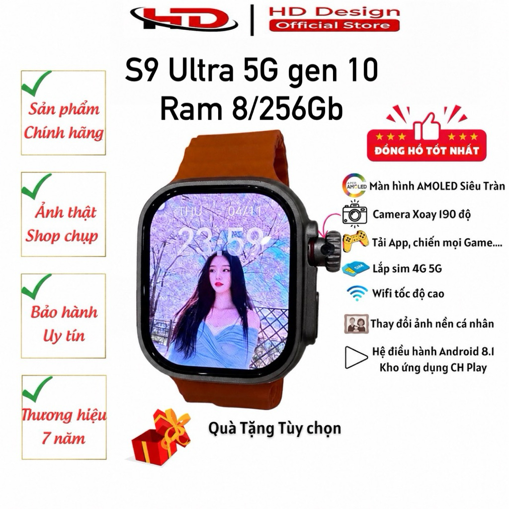 Đồng hồ thông minh lắp sim S9 Ultra 5G, Ram 8/256, Có CHplay, FB, Youtube, Zl, Camera , GG map..