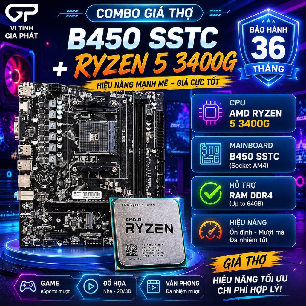 Combo AMD B450 SSTC / Jginyue + CPU RYZEN 5 3400G tray NEW bảo hành 36 tháng - giá thợ - FULL VAT