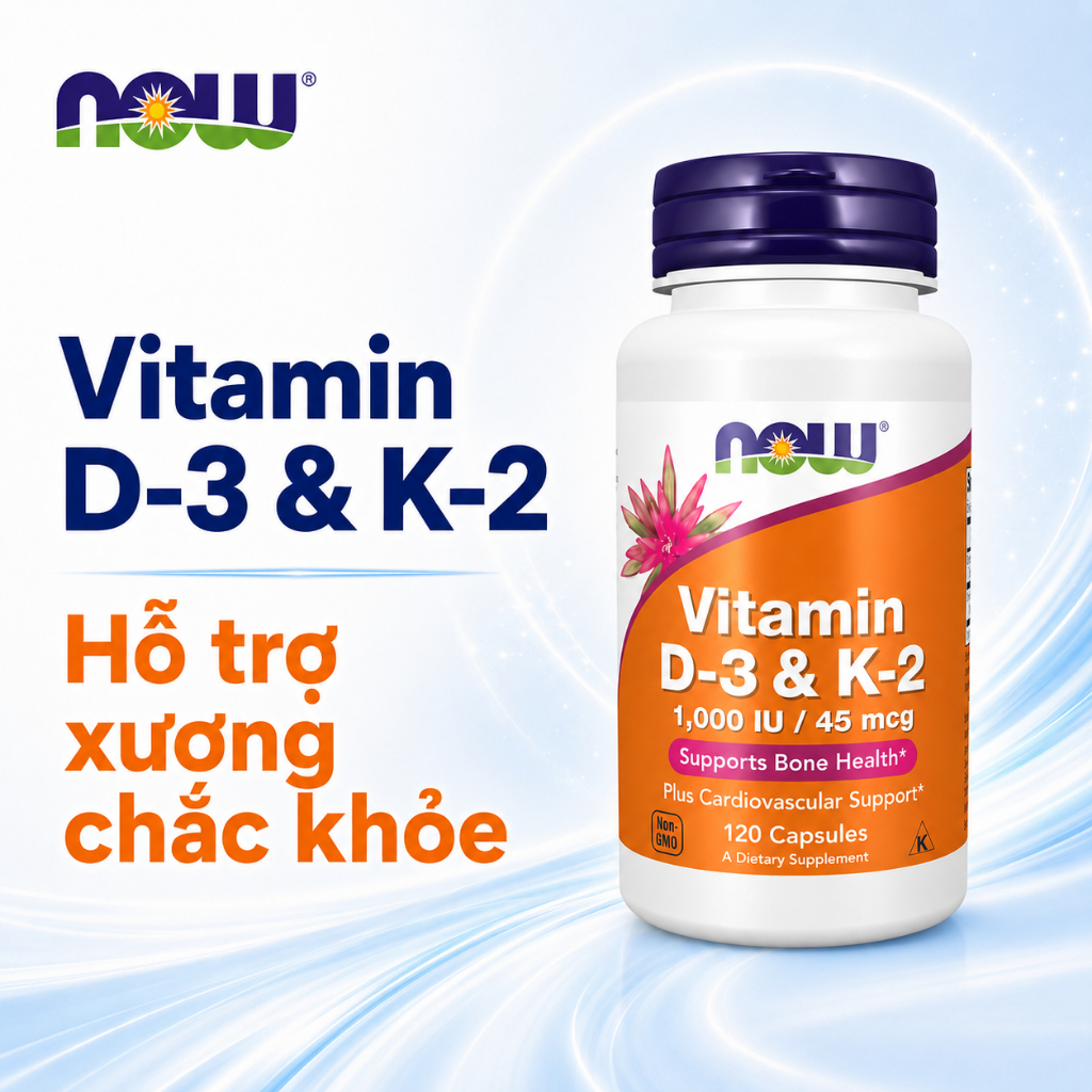Viên uống Vitamin D3 K2 Now MK7 / MK4 (Mỹ) giúp xương, răng chắc khỏe, tăng cường miễn dịch