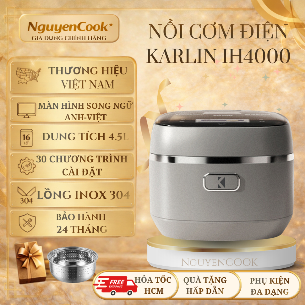 Nồi Cơm Điện Cao Tần Karlin IH4000 Pro 1.5L – Lòng Inox316L Vân Lục Giác, 25 Chế Độ, Song Ngữ