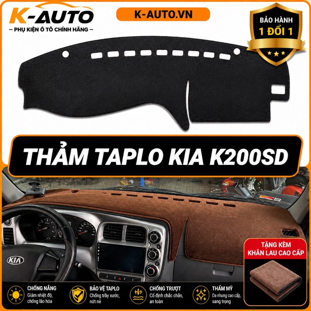 [Kia K200SD] Thảm taplo ô tô da cacbon,da vân gỗ,và tuyết nhung 3 lớp chống nắng cao cấp mới nhất