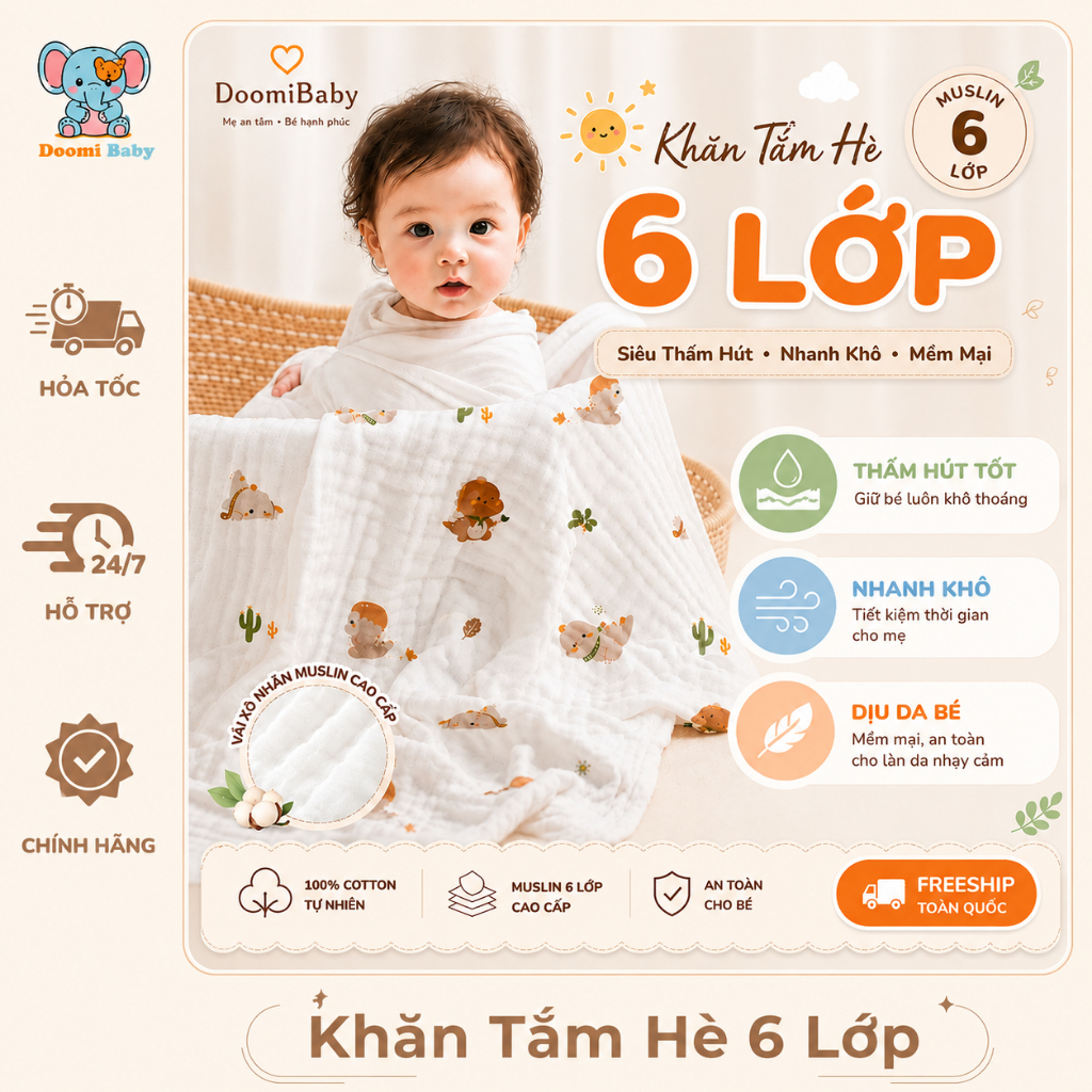 Khăn Tắm Xô Nhăn 6 Lớp Cho Bé Thu Đông Thấm Hút Tốt Nhanh Khô Khăn Ủ…