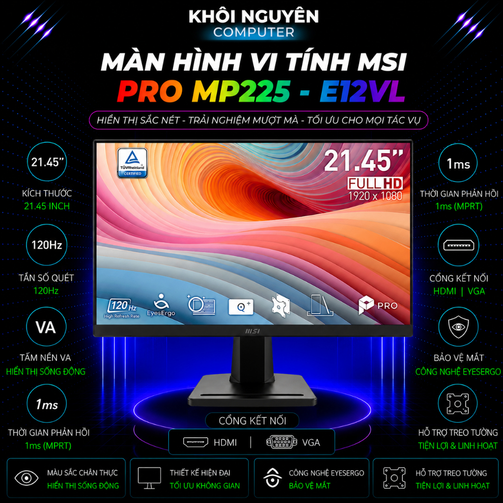 Màn Hình Máy Tính MSI Pro MP225 E12VL 22 Inch FHD VA 120Hz 1ms HDMI VGA Chính Hãng