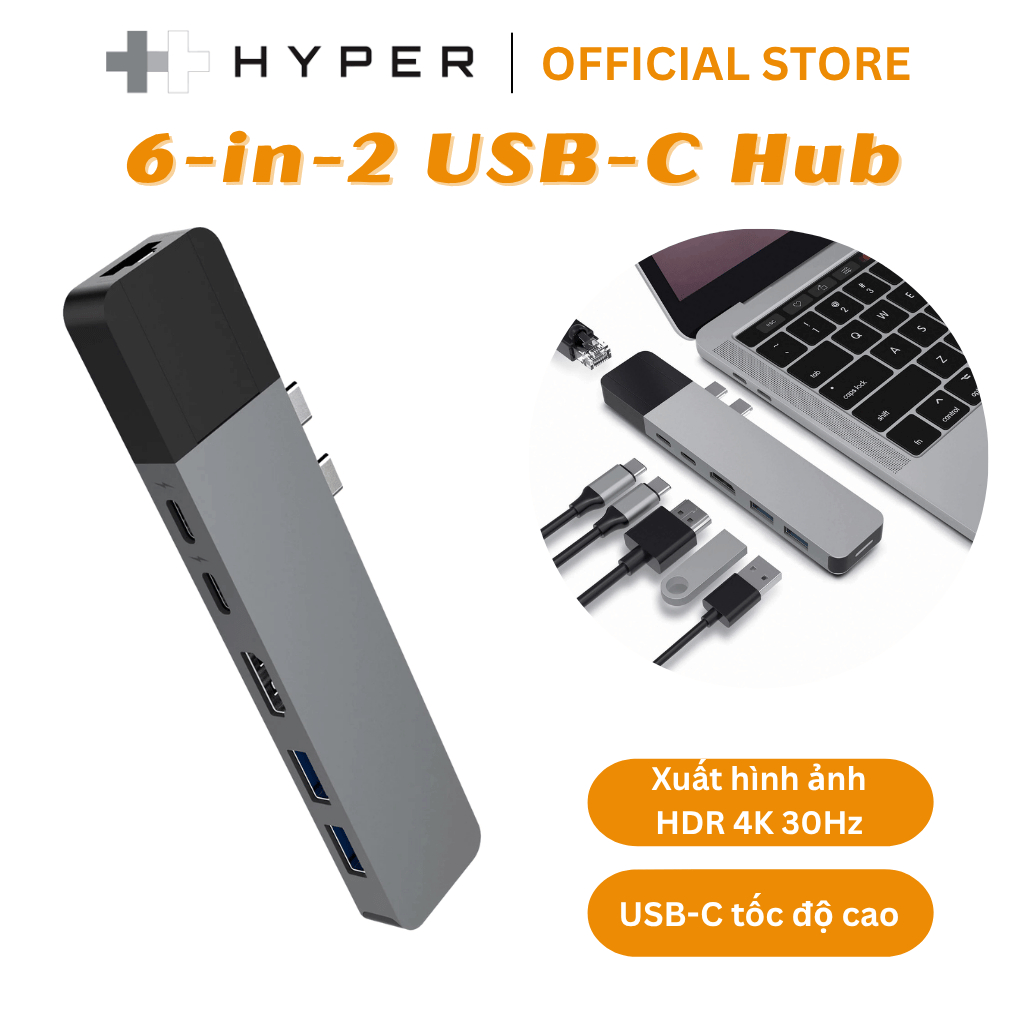 Cổng chuyển đổi HYPERDRIVE net 6-in-2 hub USB-C chính hãng, tốc độ cao, bảo hành 2 năm (GN28N)