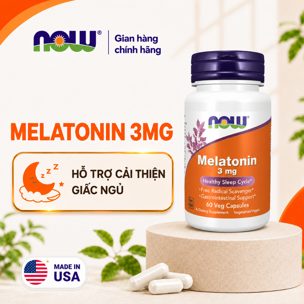 (đủ bill) Viên uống Melatonin 3mg Now của Mỹ (60 viên) tác dụng nhanh, hỗ trợ ngủ ngon, ngủ sâu giấc