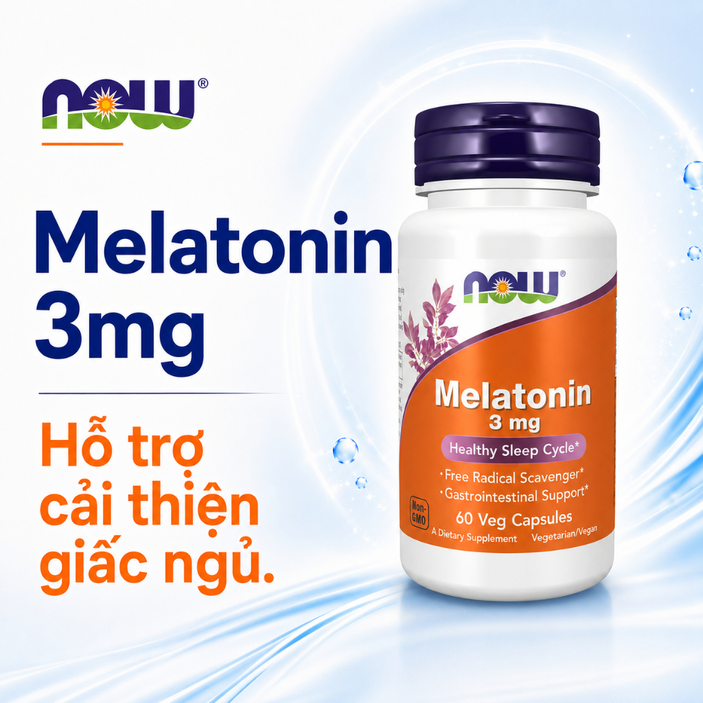 Viên uống Melatonin 3mg Now (60 viên) tác dụng nhanh, hỗ trợ cải thiện giấc ngủ an toàn, hiệu quả