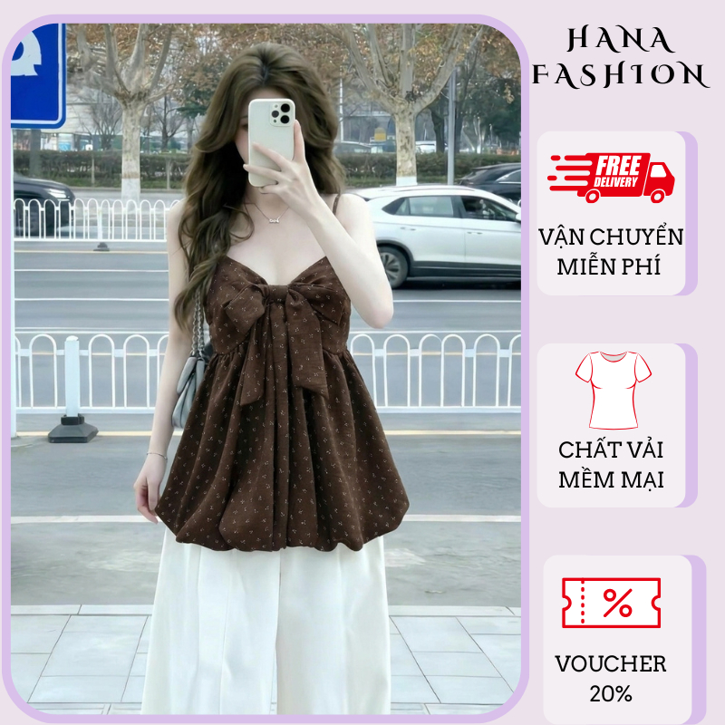 Áo hai dây babydoll dáng quả bí phồng thắt nơ ngực lớn hoa nhí áo kiểu nữ bánh bèo đi biển HCOM27340
