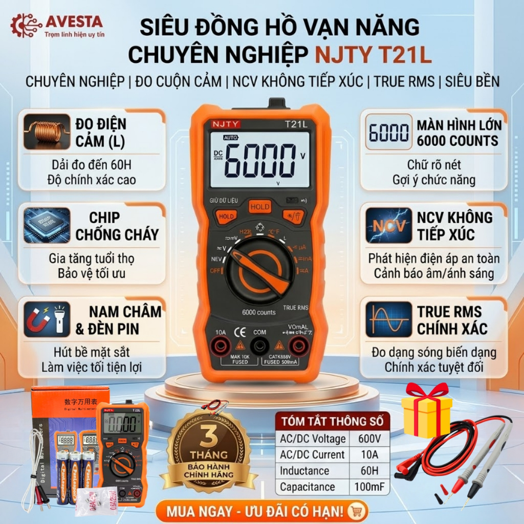 Đồng hồ đo điện NJTY T21L đo dòng điện AC DC, đo cuộn cảm, NCV không chạm siêu bền Avesta