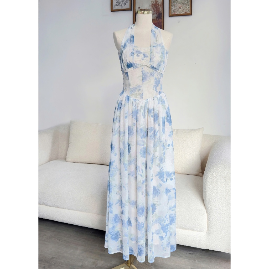𝗖𝗹𝗼𝘁𝗵𝗲𝘀 𝗕𝗮𝗿 - Đầm Naomi Dress (Fleur Window) | Váy midi lưới hoa xanh dáng cổ yếm đi tiệc