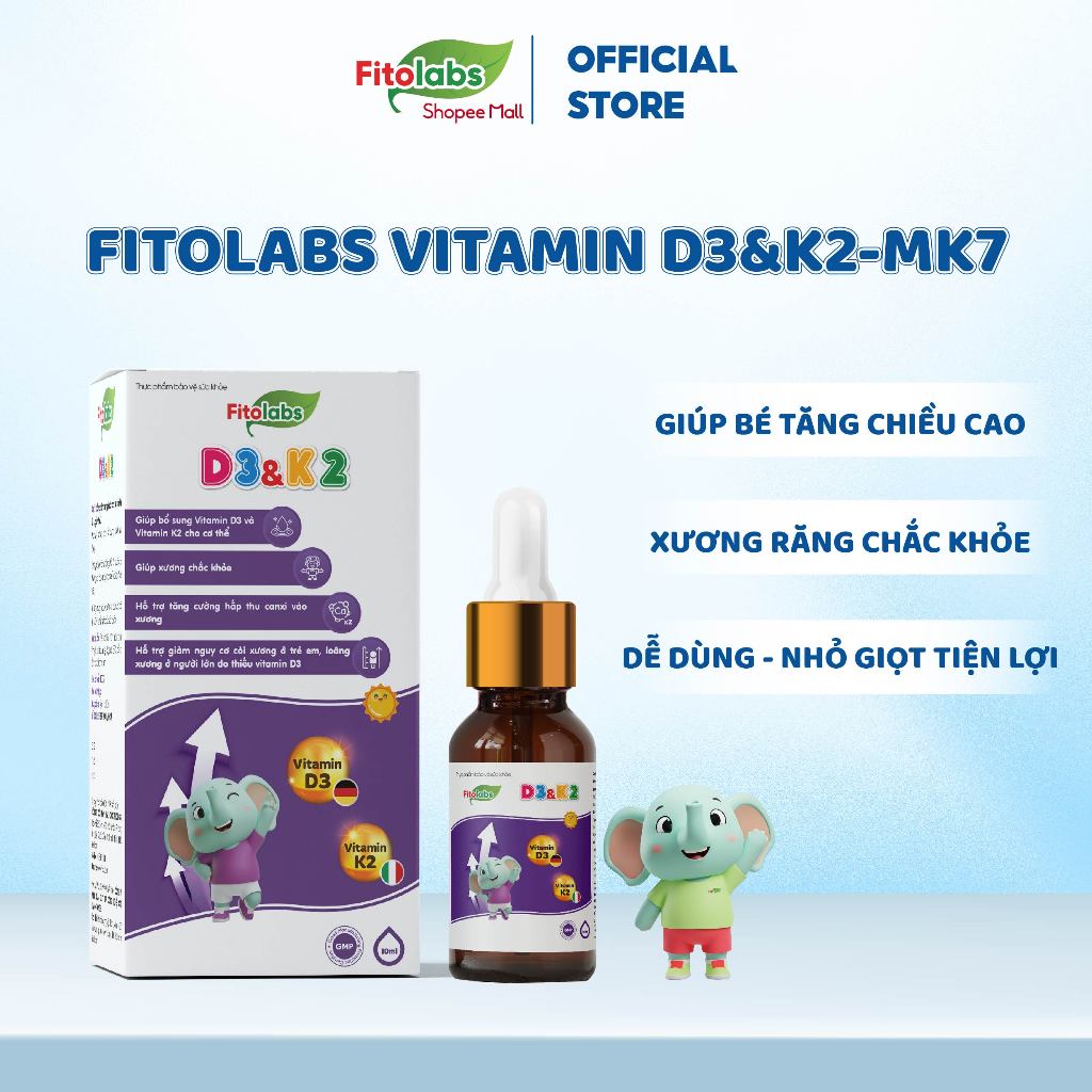 Vitamin D3K2-MK7 Fitolabs Dạng Nhỏ Giọt, Giúp Bé Tăng Chiều Cao, Xương Chắc Khỏe Cho Bé Sơ Sinh Lọ 10ml [ Mẫu Mới]