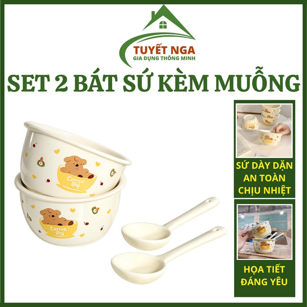 Set 2 Bát Sứ Chén Sứ Cún Coffee kèm 2 muỗng sứ cho Bé Nhiều Họa Tiết đáng yêu Kèm muỗng sứ xinh