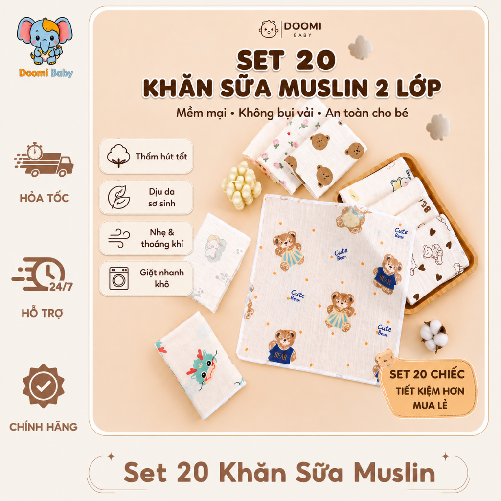 Set 20 Khăn Sữa Không Bụi Vải An Toàn Cho Bé Muslin 2 Lớp Cao Cấp Doomi Baby HT635-HT828