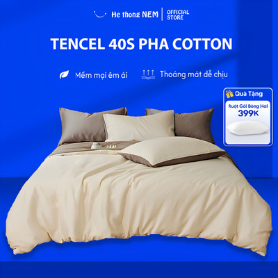 Bộ drap giường He thong NEM cao cấp Set bộ vỏ chăn ga gối đệm 5 món tencel 40s pha cotton trải phủ giường mùa hè