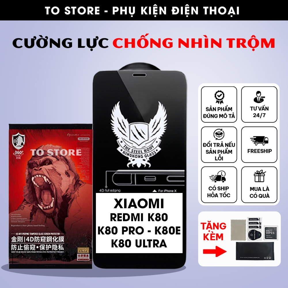 Kính cường lực Redmi K80 / K80E / K80 Pro / K80 Ultra chống nhìn trộm full màn, phủ nano chống bám v