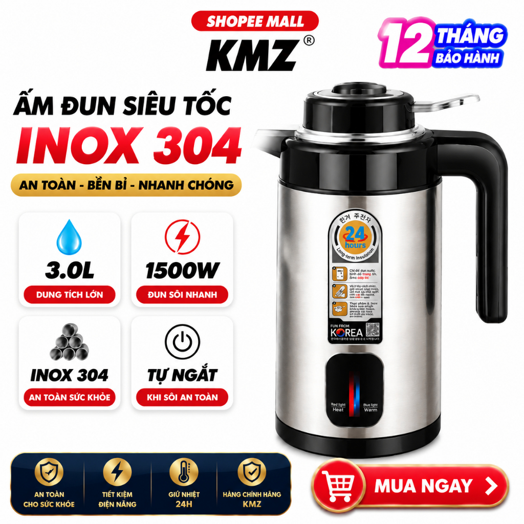 Bình đun siêu tốc KMZ BL35, thể tích 3 Lít, chứa 1.5 Lít nước, bảo hành 1 năm
