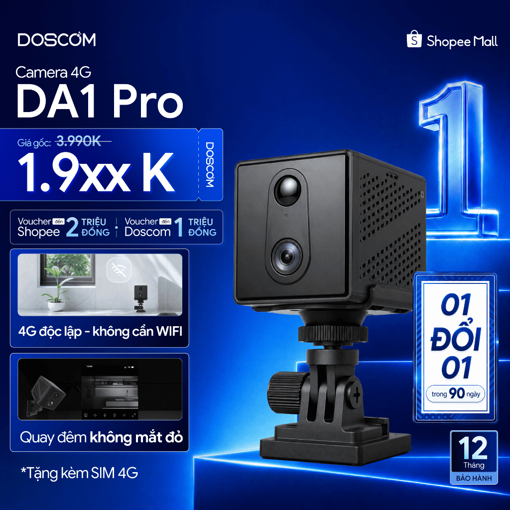 Camera Mini 4G Doscom DA1 Pro Giám Sát An Ninh 360 độ - Hỗ Trợ Tầm Nhìn Đêm - Đàm Thoại 2 Chiều - Tặ