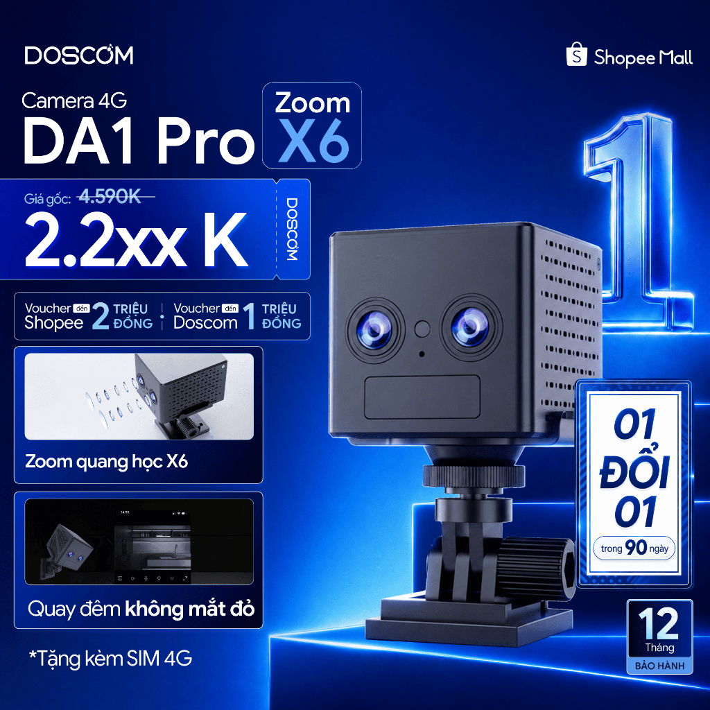 Camera 4G Mini Doscom DA1 Pro Zoom X6 Giám Sát An Ninh 360 độ - Tích Hợp Phát Hiện Chuyển Động,Đàm T