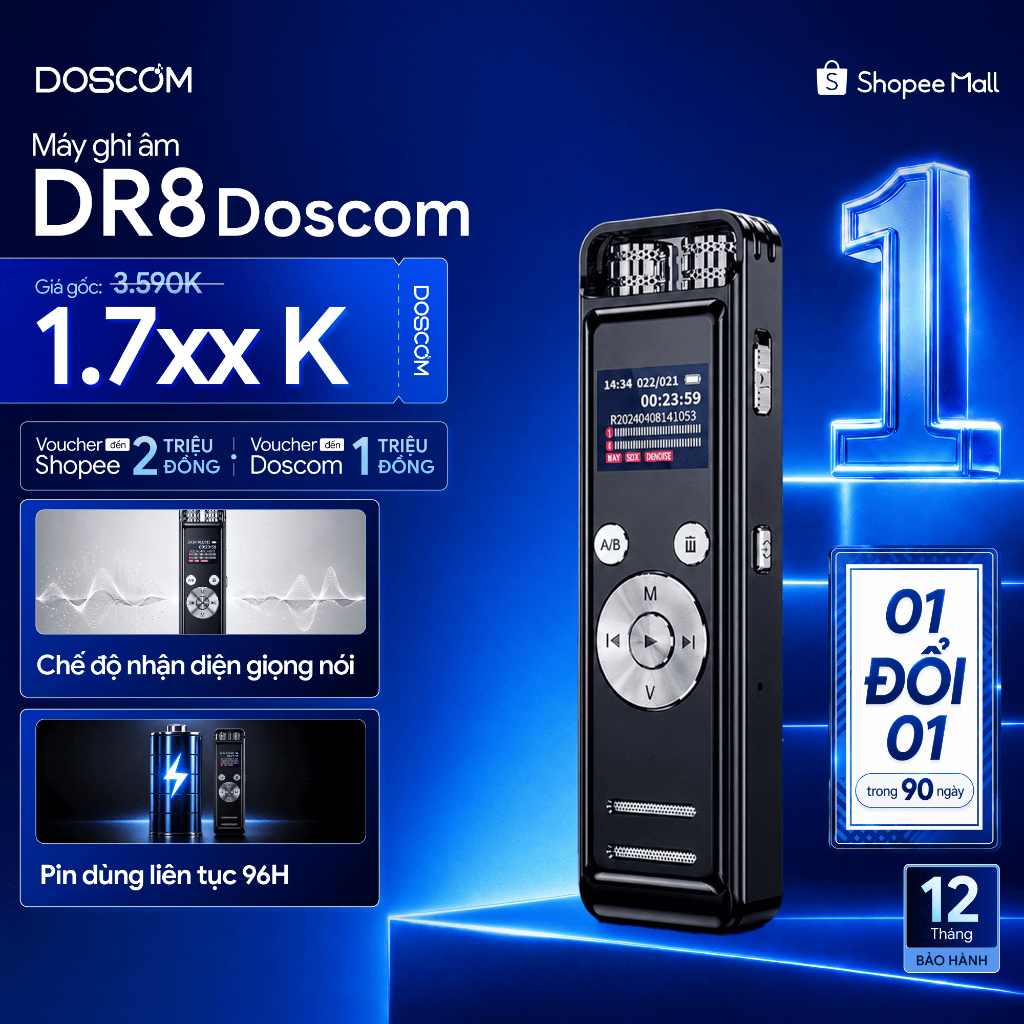 Thiết Bị Ghi Âm Chuyên Dụng DR8 DOSCOM - Công Nghệ A.I Ghi Âm Thông Minh - Tự Nhận Diện Giọng Nói