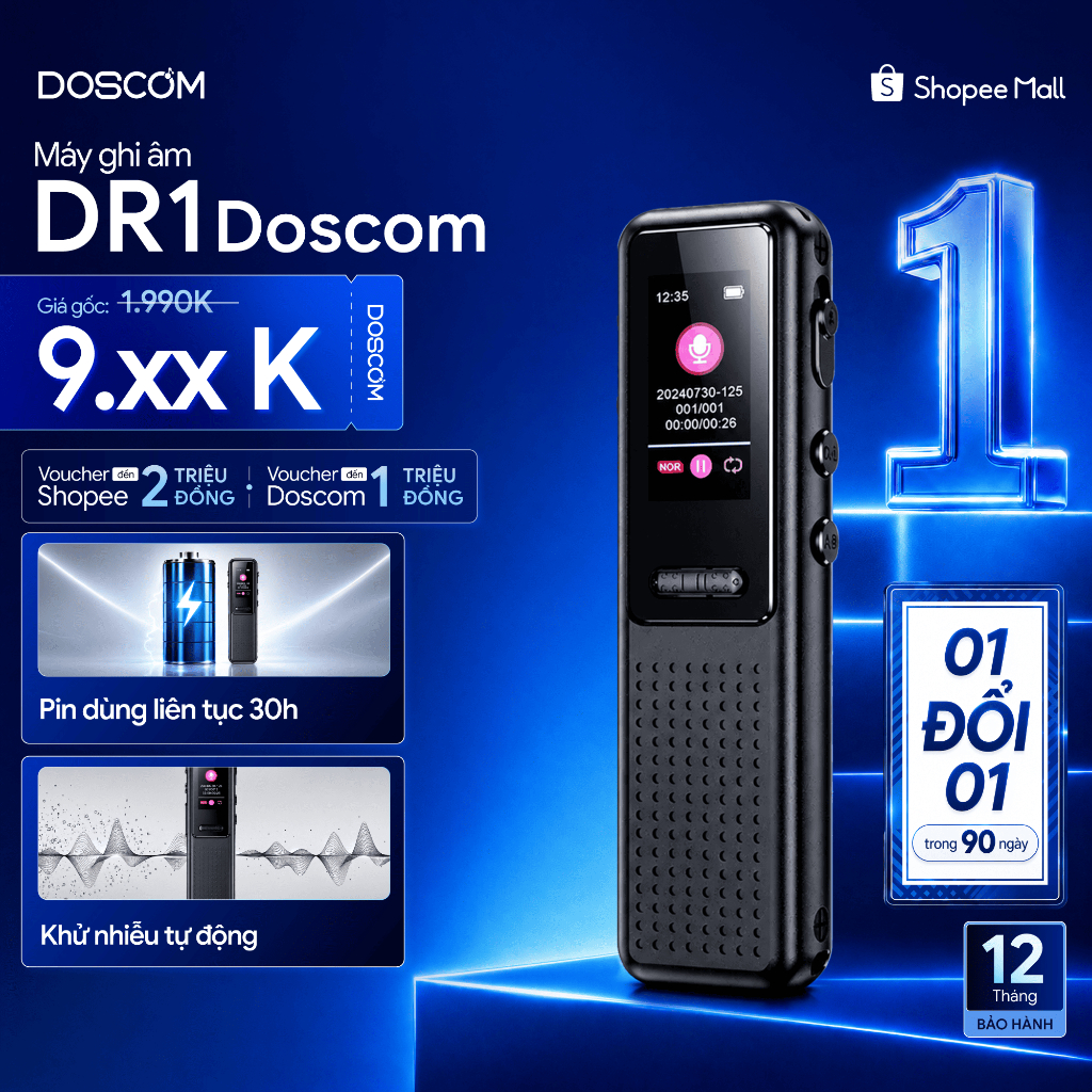 Máy Ghi Âm Chuyên Nghiệp Doscom DR1 Tích Hợp Lọc Âm Thông Minh Tự Động, Pin 30 Giờ