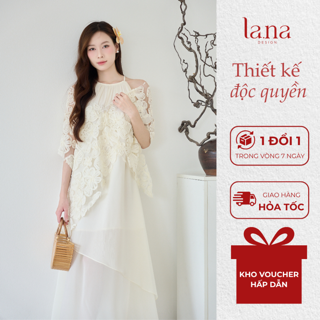 Set váy Ngọc Trâm thiết kế LANA DESIGN cổ yếm điệu đà chất liệu tơ hoa nổi phối ren sang trọng - V40