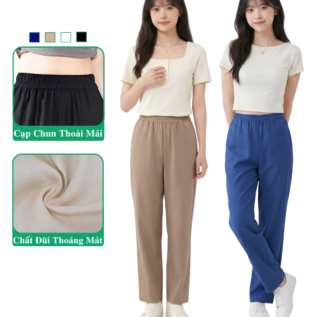 Quần Dài Baggy Nữ Cạp Chun Vải Đũi Hàn Thoáng Mát Madela. Quần Đũi Nữ Form Baggy Cạp Chun Mặc Nhà Dễ