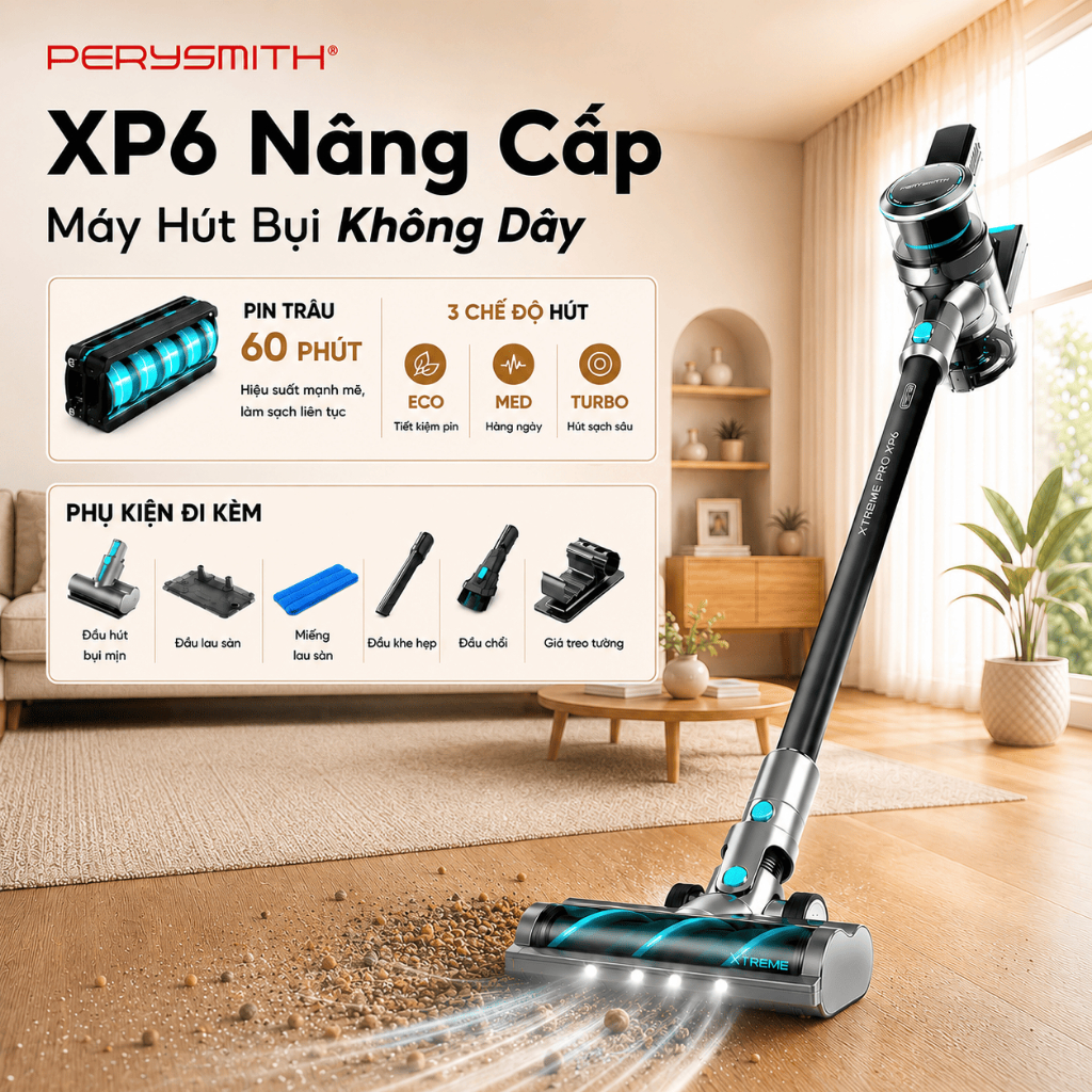 PerySmith XP6 - Robot Hút Bụi Lau Nhà Thông Minh, Thiết Kế Đa Năng Cho Căn Hộ Nhỏ