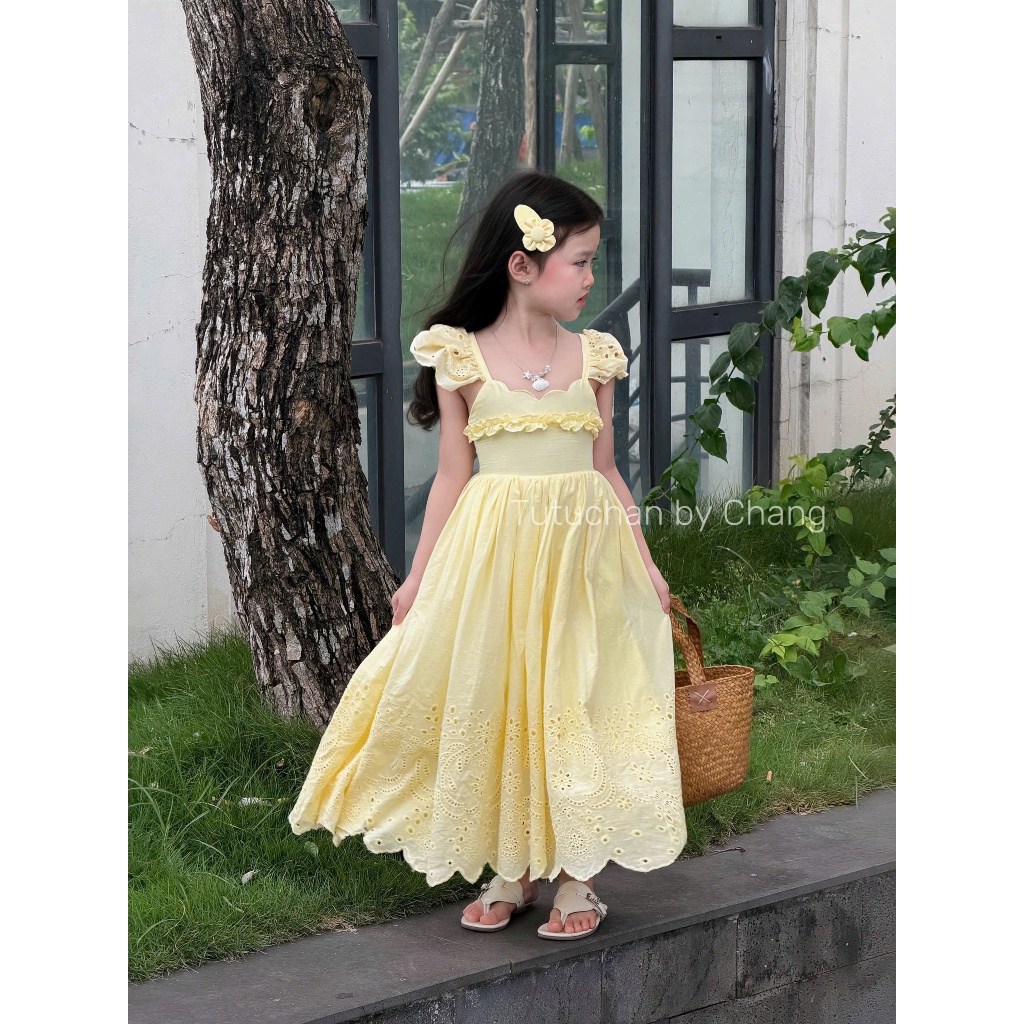 [ Tutuchan - Đầm maxi hè ] Đầm maxi dài hè thiết kế mẹ và bé boi thêu màu vàng gà non - TV016