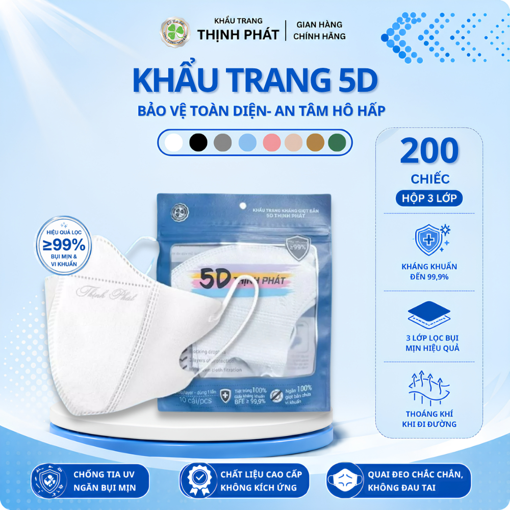 [200 chiếc] Khẩu trang 5D Thịnh Phát, khẩu trang y tế chống tia UV, 3 lớp kháng khuẩn, size to