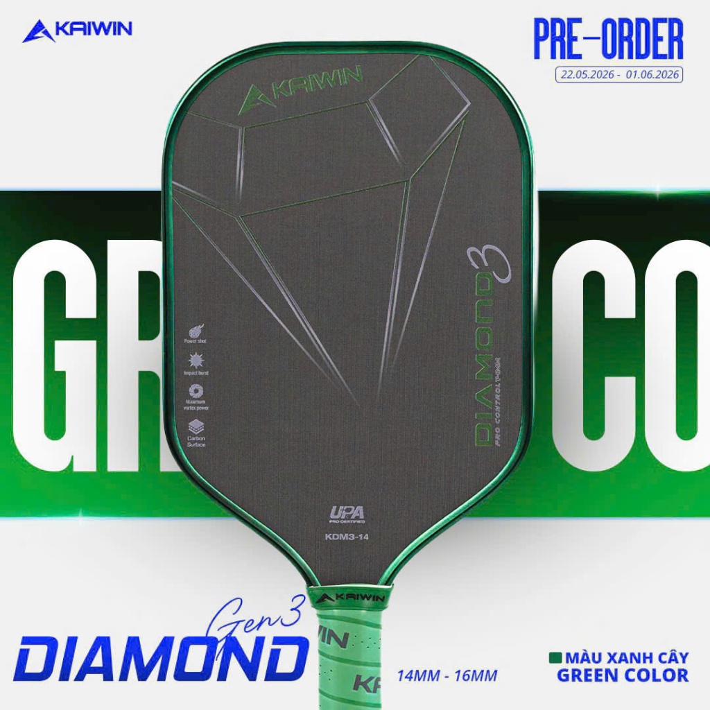 [KAIWIN] VỢT PICKLEBALL KAIWIN DIAMOND GEN 3 CHÍNH HÃNG [TANGWK KÈM QUẤN CÁN DÁN VIỂN ]