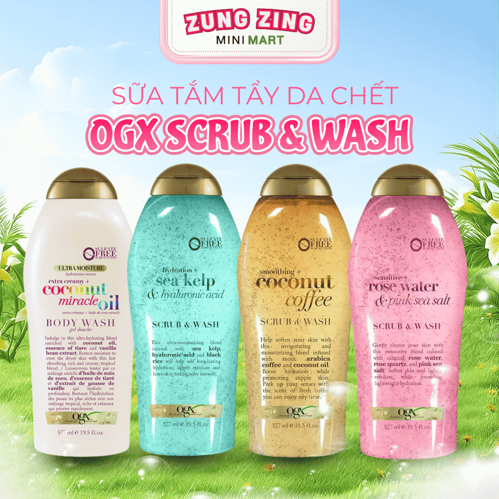 Sữa Tắm Tẩy Tế Bào Chết OGX Body Scrub & Wash 577ml –Sữa Tắm OGX Tẩy Da Chết Dưỡng Ẩm Mịn Da Hàng Mỹ