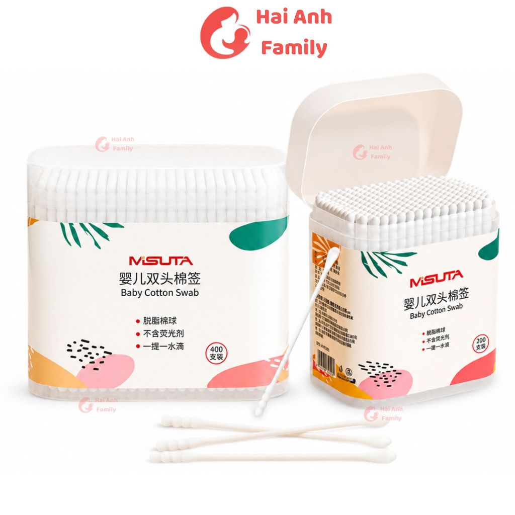 Tăm bông cho bé sơ sinh chật liệu bông tự nhiên, hộp 400 que Misuta