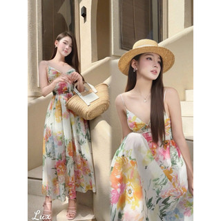 Đầm Hai Dây V Maxxi Hoa Vàng Dáng Dài Sang Chảnh