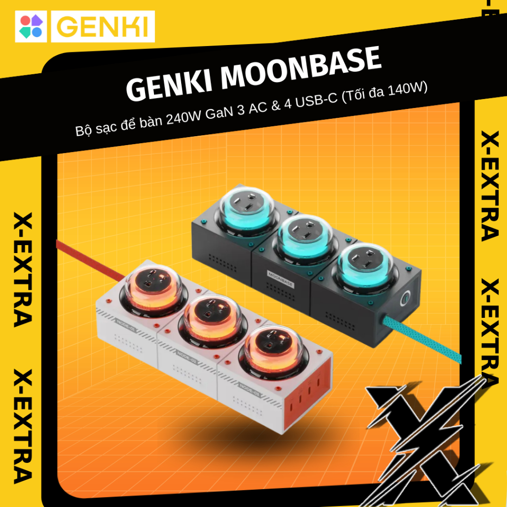 Bộ Sạc Đề Bàn GENKI Moonbase 240W GaN 3 AC & 4 USB-C (Tối đa 140W) - Bảo Hành 12 Tháng.