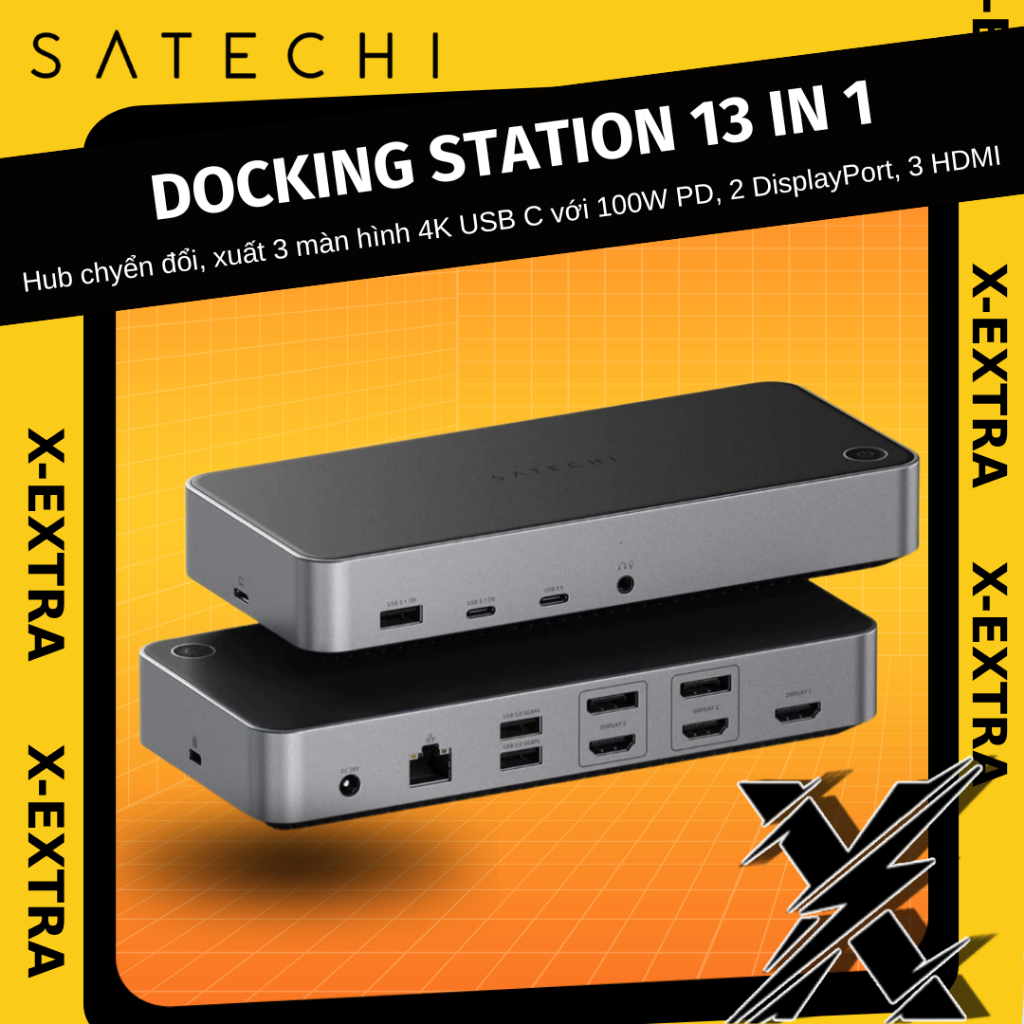 Hub Chyển Đổi Satechi xuất ba màn hình 4K USB C Docking Station 13 trong 1, với 100W PD, 2 DisplayPo
