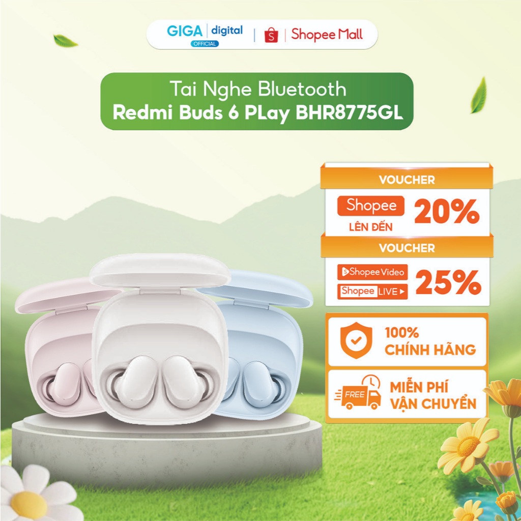 Tai Nghe Bluetooth Redmi Buds 6 PLay Hồng BHR8775GL/ Trắng BHR8773GL/ Xanh BHR9283GL - Pin lên đến 3