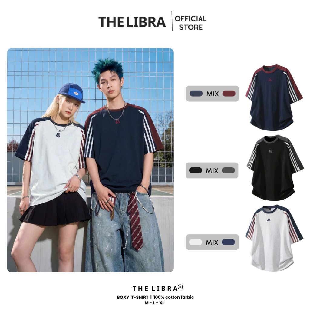 Áo Thun Boxy Nam Nữ LIBRA Phối Viền Chất Cotton Thêu Logo Chữ Màu Pastel Form Rộng Thoáng Mát