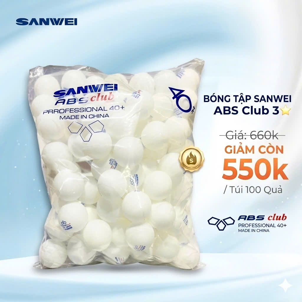[ 100 quả ] Quả bóng bàn tập luyện Sanwei ABS Club 3 Sao, túi 100 quả, hiệu quả tập luyện nâng cao