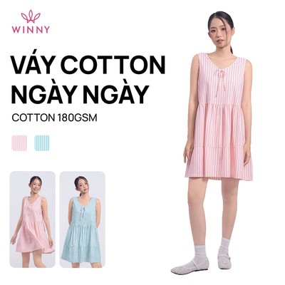 Váy cotton WINNY kẻ sọc dáng babydoll suông chữ A cổ tim lửng không tay 1HVCT26004N