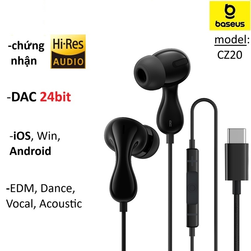 Tai nghe Type C Baseus CZ20 Hi-Res Audio DAC 24bit 92kHz -Bảo Hành 3 tháng