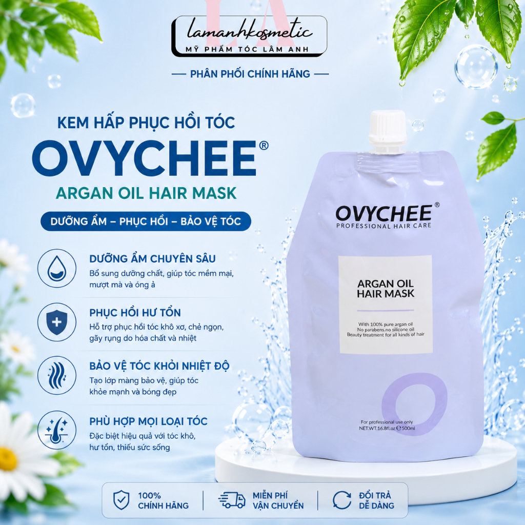 Hấp ủ tóc Ovychee Argan Oil Hair Mask 500ml phục hồi tóc khô xơ hư tổn, dưỡng tóc mềm mượt bóng khỏe