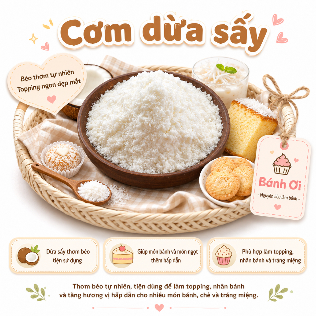 Cơm dừa sấy khô, Cơm dừa sấy mịn, Cơm Dừa Làm Bánh Phú Sỹ, Nấu Chè, Làm Kẹo, Topping, rắc bánh