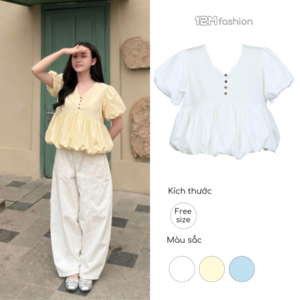 Áo kiểu nữ dáng Babydoll vạt bí phồng 12M Fashion màu vàng bơ cổ V phối nút ngực tay bồng ngắn tiểu 
