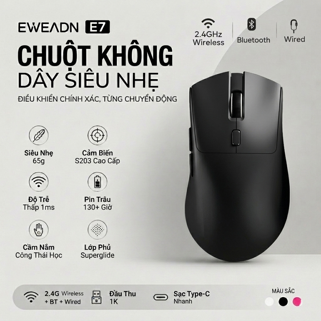 Chuột Gaming Không Dây EWEADN E7 | Bluetooth / 2.4GHz Không Dây / Có Dây | Sạc Type-C