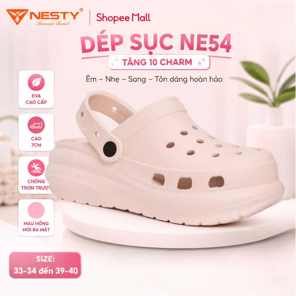 [NE54] - [TẶNG 10 CHARM 3D] Dép Suc Đế Cao Đúc Nguyên Khối Nhãn Hiệu NESTY