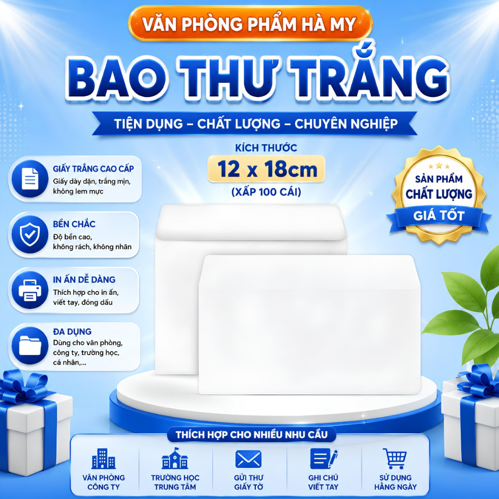 (Xấp 100 cái) Bao Thư Trắng 12 x 18cm Giấy Trắng Cao Cấp Dày 80gsm