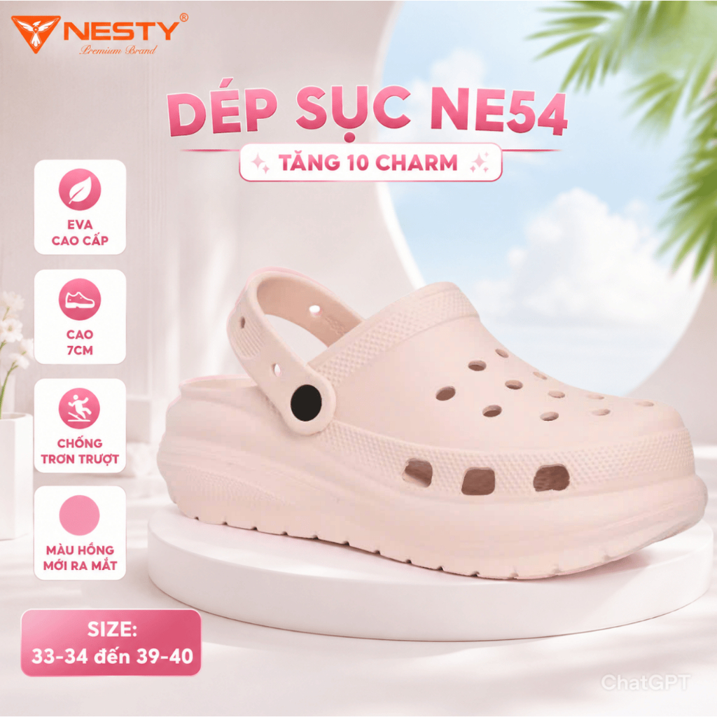 [NE54] [TẶNG 10 CHARM] Dép Sục NESTY Đúc Nguyên Khối Cao Cấp - Đế Cao 7cm, EVA Siêu Nhẹ, Chống Nước