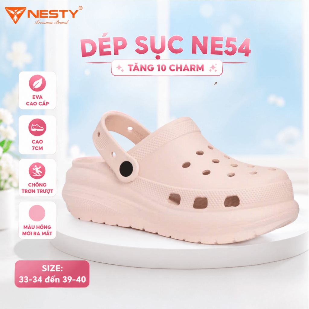 |NE54| - |TẶNG 10 CHARM| - DÉP SỤC NỮ NESTY – ĐÚC NGUYÊN KHỐI, CAO 7CM