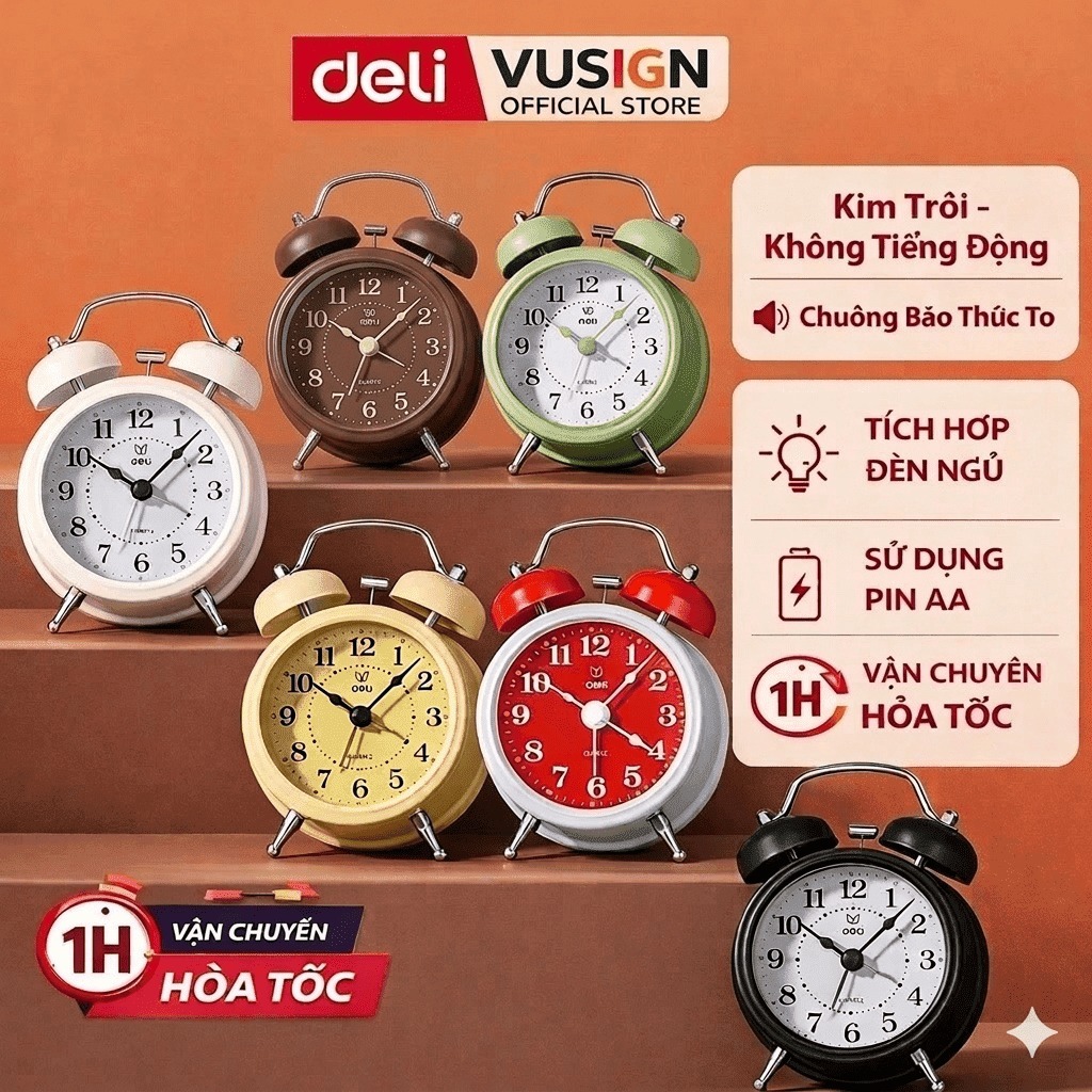 [TẶNG PIN] Đồng Hồ Báo Thức Có Chuông Reo DELI Đồng Hồ Để Bàn Có Đèn Led Trang Trí Bàn Học